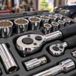 Close-up of the 72-tooth ratchet head and chrome sockets