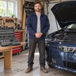 Man in a home garage beside a car with the socket set on the workbench