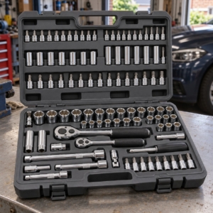 108-piece socket set in an open case on a garage workbench