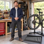 Man beside a bicycle on a stand with the ratcheting spanner set in its tool roll