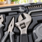 Close-up of the pliers, adjustable spanner and screwdrivers in the case