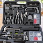 Front close-up of the organised household tool kit trays