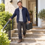 Man carrying the household tool kit case down the front steps of a house