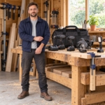 Man at a shed workbench with the 4-piece cordless power tool kit