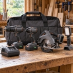 18V 4-piece cordless power tool kit with drill, impact driver, circular saw, work light and tool bag on a shed workbench