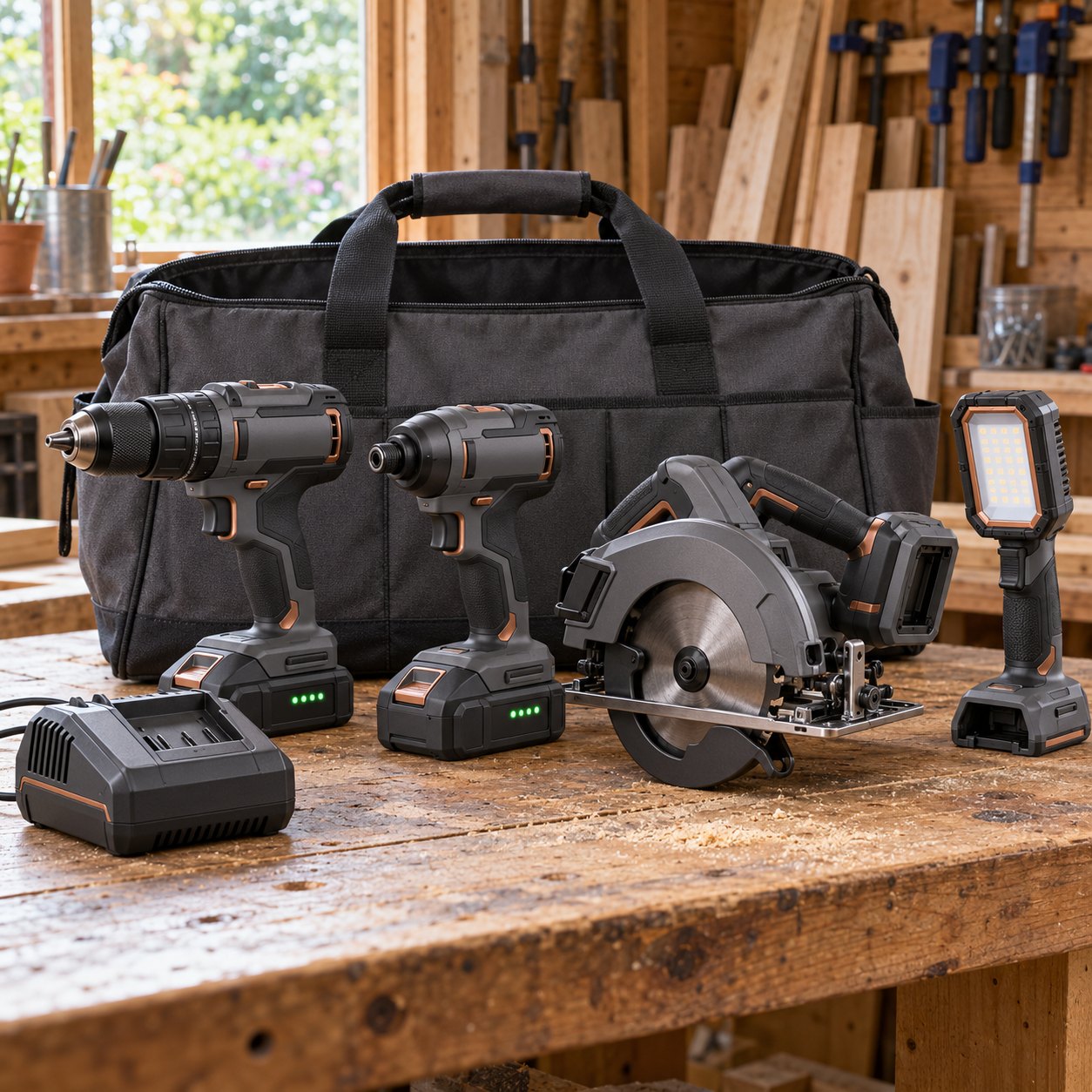 18v 4 piece cordless power tool kit hero 18V 4-piece cordless power tool kit with drill, impact driver, circular saw, work light and tool bag on a shed workbench