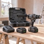The brushless combi drill and case seen from the other side
