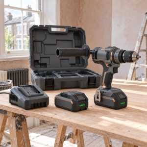 The brushless combi drill and case seen from the other side