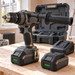 Front close-up of the brushless combi drill grip, trigger and side handle