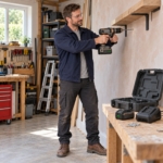 Man drilling into a wall with the brushless combi drill