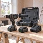 18V brushless combi drill kit with two batteries, fast charger and open case on a workbench in a room under renovation