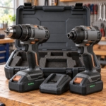 Front close-up of the combi drill and impact driver grips and triggers