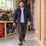 Man holding the cordless combi drill in a home garage beside a timber stud wall