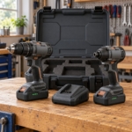 18V cordless combi drill and impact driver twin kit with batteries, charger and open case on a garage workbench