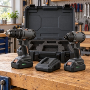 18V cordless combi drill and impact driver twin kit with batteries, charger and open case on a garage workbench