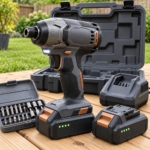 Front close-up of the impact driver grip and trigger with LED