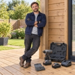 Man on new garden decking beside the cordless impact driver kit