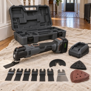18V cordless oscillating multi-tool kit with blades, sanding pad and case on a dust sheet in a hallway