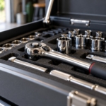 Close-up of the chrome spanners and pliers in the foam tray of the top drawer