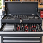 Front close-up of the open tool chest drawers and handles