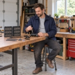 Man at a workbench repairing a games controller with the precision screwdriver