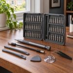 56-piece precision screwdriver and bit set on a home office desk