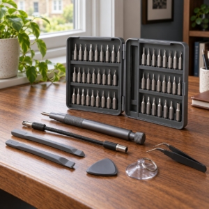 56-piece precision screwdriver and bit set on a home office desk